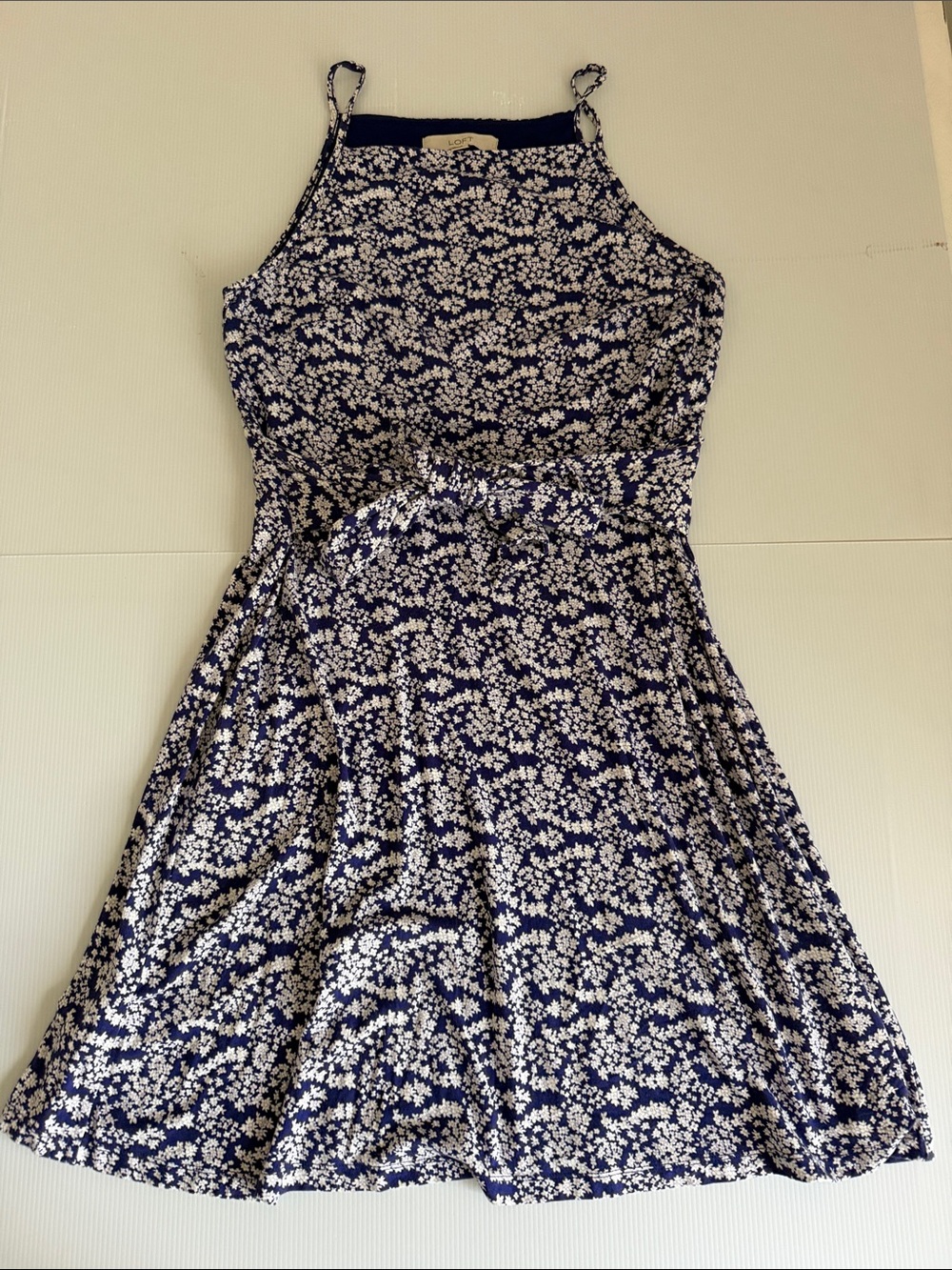 LOFT Blue and White Floral High Neck Tie Waist Summer Dress Size Medium EUC